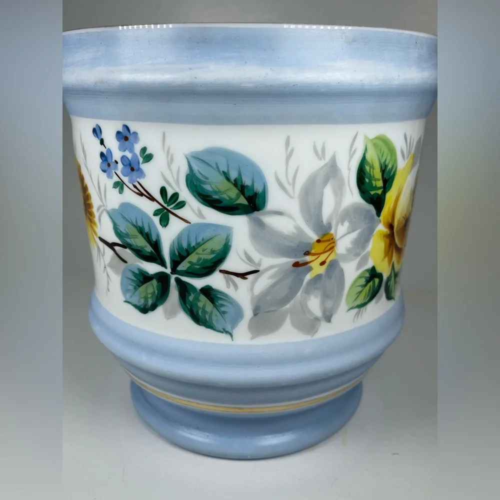 Vintage Milk Glass planter Westmoreland Style 1950s Cachepot floral hand painted